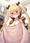  1girl azur_lane bangs bed_sheet black_ribbon blonde_hair blush bookshelf breasts choker cleavage clock closed_mouth embarrassed epaulettes eyebrows_visible_through_hair frilled_choker frills hair_ribbon high_collar indoors large_breasts long_hair looking_at_viewer nelson_(azur_lane) nervous_smile nose_blush pensuke red_eyes ribbon solo speech_bubble spoken_ellipsis sweatdrop twintails very_long_hair wall_clock wavy_mouth white_choker 