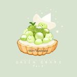  cat closed_eyes dessert english food fruit grapes green_background hat leaf nadia_kim no_humans open_mouth original simple_background star tart_(food) white_hat witch_hat 