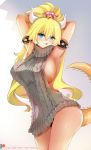  1girl bare_shoulders black_collar blonde_hair blue_eyes blush bowsette bracelet breasts collar crown high_ponytail horns jewelry large_breasts long_hair mario_(series) meme_attire new_super_mario_bros._u_deluxe nintendo spiked_armlet spiked_bracelet spiked_collar spikes sumisumii super_crown virgin_killer_sweater 