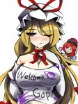  bare_shoulders black_shirt blonde_hair blush breasts chain choker closed_mouth clothes_writing commentary elbow_gloves embarrassed eyebrows_visible_through_hair eyes gloves greek_commentary hair_ribbon hand_up hands hat hat_ribbon hecatia_lapislazuli highres kaliningradg large_breasts long_hair looking_at_viewer mob_cap multiple_girls one_eye_closed open_mouth planet polos_crown purple_eyes red_hair ribbon shirt simple_background standing touhou upper_body white_background white_shirt yakumo_yukari 