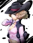  absurdres breasts brown_hair cleavage cravat gloves hat hat_feather highres imo_(evekelu-111) looking_at_viewer medium_breasts navel okumura_haru persona persona_5 pink_eyes puffy_sleeves purple_gloves solo unbuttoned unbuttoned_shirt upper_body vest 