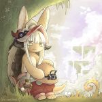  :3 ambiguous_gender animal_ears artist_name closed_mouth day eyebrows_visible_through_hair furry kawasemi27 long_hair looking_away made_in_abyss nanachi_(made_in_abyss) outdoors sitting smile solo tail twitter_username white_hair yellow_eyes 