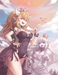  :d armlet bare_shoulders bird black_leotard black_nails blonde_hair blue_eyes bowsette bracelet breasts cleavage clenched_hand cloud collar crown dress earrings fangs gloves hand_on_hip highres horns jewelry kuzel_(bonolangje) leotard long_hair looking_at_viewer luigi's_mansion mario_(series) medium_breasts multiple_girls nail_polish new_super_mario_bros._u_deluxe open_mouth outdoors pale_skin pointy_ears ponytail princess_king_boo puffy_short_sleeves puffy_sleeves purple_tongue red_eyes short_sleeves sly smile spiked_armlet spiked_bracelet spiked_collar spikes standing strapless strapless_leotard sunset super_crown tongue tongue_out white_dress white_gloves white_hair 