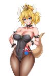  1girl :d bare_shoulders black_leotard bowsette bracelet breasts brown_legwear cleavage collar covered_navel crown curvy eyebrows_visible_through_hair gem grin hand_on_hip hevn highres horns jewelry large_breasts leotard mario mario_(series) miniboy new_super_mario_bros._u_deluxe open_mouth pantyhose sharp_teeth smile spiked_armlet spiked_bracelet spiked_collar spiked_tail spikes strapless strapless_leotard super_crown tail teeth v-shaped_eyebrows 