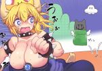  1girl alternate_color bangs bare_shoulders blonde_hair blue_dress blue_eyes bowsette bracelet breasts brooch cleavage clenched_hands collar collarbone commentary_request cool-kyou_shinja crown dress emphasis_lines facial_hair fleeing gameplay_mechanics hair_between_eyes horns huge_breasts jewelry kuribo's_shoe looking_back mario mario_(series) motion_lines mustache new_super_mario_bros._u_deluxe open_mouth pointy_ears scared shiny shiny_hair shiny_skin sidelocks slit_pupils spiked_bracelet spiked_collar spikes strapless strapless_dress super_crown super_mario_bros._3 tanuki_suit upper_body 