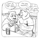  anthro bear beverage black_and_white blush clothed clothing dialogue duo english_text eyes_closed half-closed_eyes hand_on_shoulder male male/male mammal monochrome osos overweight overweight_male slightly_chubby smile speech_bubble text 