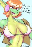  big_breasts bra breasts brell cleavage clothed clothing female hair jroy101 kobold red_hair scalie smile solo underwear 