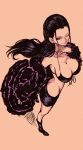  1girl bare_shoulders black_dress black_hair breasts cleavage curvy dress earrings full_body hana_hana_no_mi jewelry large_breasts long_hair nico_robin one_piece parted_lips smile solo standing 
