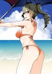  anchovy ass bangs beach bikini black_ribbon blue_skirt breasts cloud cloudy_sky commentary cowboy_shot day drill_hair eyebrows_visible_through_hair from_side girls_und_panzer green_hair hair_ribbon highres holding holding_umbrella light_particles long_hair looking_at_viewer looking_back medium_breasts nakasone_haiji ocean open_mouth orange_bikini outdoors red_eyes ribbon side-tie_bikini skirt sky smile solo standing swimsuit thighs twin_drills twintails umbrella 