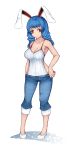  alternate_costume animal_ears aoshima bangs bare_arms bare_shoulders blue_hair breasts bunny_ears camisole casual cleavage collarbone commentary_request contemporary covered_navel denim drill_hair full_body highres jeans large_breasts long_hair looking_at_viewer pants red_eyes seiran_(touhou) shoes sideboob simple_background solo spaghetti_strap standing thighs touhou twin_drills white_background white_footwear 