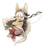  ambiguous_gender animal_ears artist_name blush eyebrows_visible_through_hair fishing_rod full_body highres holding holding_fishing_rod kawasemi27 long_hair looking_at_another made_in_abyss nanachi_(made_in_abyss) parted_lips plank smile twitter_username white_hair yellow_eyes 