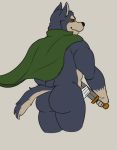  anthro black_sclera butt butt_pose canine cape clothing cosplay dog garmr looking_back male mammal melee_weapon mostly_nude muscular muscular_male smile solo sword thevillager tokyo_afterschool_summoners weapon 