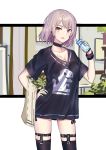  black_shirt bottle choker commentary_request earpiece echj frilled_choker frills garter_straps girls_frontline grey_hair highres looking_at_viewer multicolored multicolored_eyes shirt solo sweat t-shirt thighhighs thighs towel vector_(girls_frontline) water_bottle wristband 