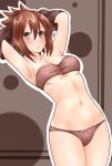  armpits bandeau blush breasts brown_eyes brown_hair cleavage cover_(cover_re) dutch_angle eyebrows_visible_through_hair frown groin hair_between_eyes highres looking_at_viewer medium_breasts navel original outline short_hair thighs undressing white_outline 