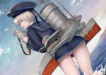  ass blue_eyes blue_sky blush cannon clothes_writing cloud cloudy_sky commentary_request dress embarrassed german_clothes hat horizon kantai_collection long_sleeves looking_back machinery military_hat neckerchief ocean oonaka_ito panties peaked_cap rigging sailor_collar sailor_dress sailor_hat short_hair silver_hair sky smoke smokestack solo thighs torpedo_tubes turret underwear white_panties z1_leberecht_maass_(kantai_collection) 