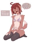  2018 anthro biped blue_eyes bra breasts brown_fur brown_hair canine clothing coffeechicken crouching dialogue digital_media_(artwork) dog eyebrows eyelashes female fur hair inviting kess_(coffeechicken) legwear mammal multicolored_hair one_eye_closed open_mouth panties short_hair short_tail simple_background small_breasts smile solo stockings thigh_highs two_tone_hair underwear wink 