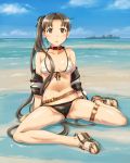  arm_support ass ayanami_(destroyer) ayanami_(kantai_collection) bangs beach belt bikini blue_sky blush brown_eyes brown_hair cameltoe cloud collar collarbone commentary_request covered_nipples day destroyer groin hair_ribbon halter_top halterneck jacket kantai_collection leather_choker long_hair looking_at_viewer military military_vehicle navel object_namesake ocean off_shoulder open_clothes open_jacket open_mouth outdoors parted_bangs ponytail ribbon sameha_ikuya sand sandals ship side-tie_bikini side_ponytail sitting sky stomach swimsuit thigh_strap thighs turret warship watercraft 