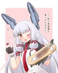  gloves headgear icesherbet kantai_collection long_hair murakumo_(kantai_collection) necktie one_eye_closed orange_eyes saury sidelocks soy_sauce white_hair 