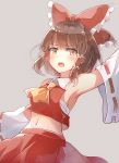  60mai arm_up armpits ascot bangs bare_shoulders blush bow breasts brown_eyes brown_hair commentary_request cowboy_shot crop_top detached_sleeves eyebrows_visible_through_hair frilled_bow frills grey_background hair_bow hair_tubes hakurei_reimu long_sleeves midriff navel open_mouth red_bow red_skirt ribbon-trimmed_sleeves ribbon_trim sarashi short_hair sidelocks simple_background skirt skirt_set small_breasts solo standing stomach touhou wide_sleeves wing_collar yellow_neckwear 