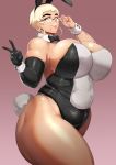  1girl animal_ears bare_shoulders blonde_hair blue_eyes breasts bunny_ears bunny_suit cleavage curvy donaught glasses huge_breasts looking_at_viewer mole plump short_hair smile solo standing thick_thighs thighs tongue tongue_out 