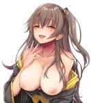  alternate_breast_size areolae bangs bare_shoulders blush breasts brown_hair cleavage collarbone commentary_request crossed_bangs derivative_work eyebrows_visible_through_hair eyes_visible_through_hair girls_frontline hair_between_eyes hair_ornament half-closed_eyes hand_up heifetz jacket jacket_pull large_breasts long_hair looking_at_viewer nipples off_shoulder one_side_up open_mouth scar scar_across_eye sidelocks simple_background smile ump45_(girls_frontline) white_background yellow_eyes 