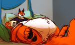  ambiguous_gender bed belly beverage canine claws cup digital_media_(artwork) fox fur hand_on_stomach joebluefox lying male mammal obese on_bed orange_fur overweight pawpads solo taur toe_claws white_fur wide_eyed 