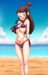  1girl asortofcolorfag bangs bare_arms bare_legs beach bikini blush breasts brown_hair cameltoe embarrassed high_ponytail kagari_atsuko little_witch_academia long_hair looking_at_viewer navel ocean open_mouth outdoors purple_bikini red_eyes side-tie_bikini small_breasts solo standing swimsuit thigh_gap 