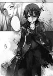  1girl abec administrator_(sao) bangs collarbone dual_wielding fingerless_gloves gloves greyscale highres holding holding_sword holding_weapon kirito looking_at_viewer looking_back monochrome novel_illustration official_art open_mouth pants parted_bangs shirt standing sword sword_art_online weapon 