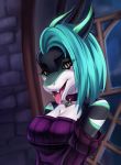  art-abaddon black_skin blue_hair breasts choker female female_focus fish flashing hair marine multicolored_skin nightsharky open_mouth orange_eyes shark solo_focus tongue tongue_out two_tone_eyes white_skin 