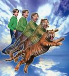  1999 animorphs belt brown_hair clothing cloud david_mattingly fangs feline footwear fur hair hi_res human hybrid illustration jake_berenson jeans male mammal official_art open_mouth orange_fur pants shirt shoes siberian_tiger sky solo stripes teenager tiger tongue transformation whiskers young 