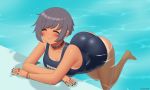  ^_^ arched_back artist_name ass barefoot black_nails blush character_request closed_eyes collarbone commentary copyright_request ear_piercing eyebrows_visible_through_hair full_body grey_hair kuroonehalf nail_polish name_tag one-piece_swimsuit one-piece_tan partially_submerged piercing pool school_swimsuit short_hair smile solo swimsuit tan tanline water wristband 