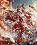  77gl :d breasts brown_hair commentary_request dragon_claw fire frills galmieux_omen_of_disdain long_hair navel navel_cutout official_art open_mouth shadowverse smile 