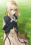  absurdres blonde_hair blue_eyes braid brown_gloves dress eyebrows_visible_through_hair flower french_braid gloves grass hair_between_eyes hair_intakes hair_ribbon highres looking_at_viewer matoi92 mechanical_hands petals red_ribbon ribbon shadow single_glove solo violet_evergarden violet_evergarden_(character) 