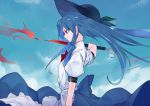  blue_hat cloud commentary_request hat hinanawi_tenshi holding ikurauni long_hair looking_away short_sleeves sky solo standing touhou 