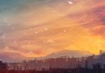  cloud commentary_request dorayaki_d highres lamppost machinery mountain mountainous_horizon no_humans original scenery sky skyline structure sunset town 