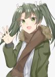  commentary_request fur_trim green_hair highres ise_dango jacket kantai_collection long_hair open_mouth scarf simple_background solo twintails waving white_background yellow_eyes zuikaku_(kantai_collection) 