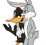  anthro avian bird blue_eyes buckteeth bugs_bunny clothing daffy_duck duck duo embrace eye_contact feathers fur gloves green_eyes half-closed_eyes lagomorph looney_tunes male male/male mammal open_mouth rabbit simple_background standing teeth warner_brothers whiskers zehn 