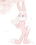  alternate_color anthro blue_eyes buckteeth bugs_bunny butt_pose cherry_blossom clothing flower flower_crown fur gloves lagomorph looking_at_viewer looney_tunes male mammal pink_fur plant rabbit smile solo standing teeth tree warner_brothers whiskers zehn 