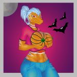  2018 anthro bat big_breasts breasts clothing female food fruit hair halloween holidays lugen_kobold mammal moon multicolored_skin pumpkin reptile scalie simple_background snake solo 