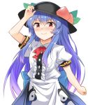  &gt;:) arm_up bangs black_hat blouse blue_hair blue_skirt blush bow bowtie breasts center_frills commentary cowboy_shot e.o. eyebrows_visible_through_hair food fruit gradient_hair hair_between_eyes hand_on_headwear hat highres hinanawi_tenshi leaf long_hair looking_at_viewer multicolored_hair nose_blush peach puffy_short_sleeves puffy_sleeves purple_hair red_bow red_eyes red_neckwear short_sleeves sidelocks simple_background skirt small_breasts smile solo standing touhou v-shaped_eyebrows very_long_hair white_background white_blouse wing_collar 