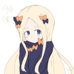  abigail_williams_(fate/grand_order) bangs black_bow black_dress blonde_hair blue_eyes blush bow closed_mouth commentary_request dated dress eyebrows_visible_through_hair fate/grand_order fate_(series) forehead hair_bow highres kujou_karasuma long_hair long_sleeves looking_at_viewer no_hat no_headwear orange_bow parted_bangs simple_background sleeves_past_fingers sleeves_past_wrists solo very_long_hair white_background 