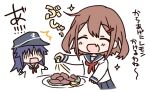  akatsuki_(kantai_collection) anchor_symbol blue_sailor_collar blue_skirt brown_hair closed_eyes commentary_request fang flat_cap food fruit hair_ornament hairclip hat hizuki_yayoi ikazuchi_(kantai_collection) kantai_collection lemon lemon_slice long_hair meat multiple_girls neckerchief open_mouth pleated_skirt purple_hair red_neckwear sailor_collar school_uniform serafuku shaded_face short_hair skirt smile solo_focus translation_request 