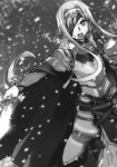  abec alice_schuberg armor armored_dress breastplate cape dress eyepatch floating_hair greyscale hairband highres holding holding_sword holding_weapon long_dress long_hair monochrome novel_illustration official_art open_mouth ponytail shoulder_armor sidelocks solo spaulders standing sword sword_art_online very_long_hair weapon 