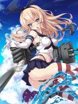  anchor_hair_ornament black_neckwear black_panties blonde_hair blue_eyes blue_sailor_collar blue_skirt blue_sky breasts chestnut_mouth cloud commentary_request covered_nipples crop_top day elbow_gloves gloves hair_ornament highleg highleg_panties highres kantai_collection long_hair machinery medium_breasts microskirt miniskirt neckerchief outdoors panties pointing rensouhou-chan sailor_collar shimakaze_(kantai_collection) skirt sky solo striped striped_legwear thighhighs torisan torpedo torpedo_launcher underwear water white_gloves 