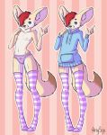  anthro artysox blue_eyes brown_eyes canine clothed clothing fennec floppy_byte fox fur girly hair hair_over_eye heterochromia hoodie inner_ear_fluff legwear male mammal model_sheet mohawk multicolored_fur panties pattern_background pink_background pointing red_hair signature simple_background smile solo stockings striped_background striped_legwear striped_stockings stripes tan_fur tongue tongue_out topless two_tone_fur underwear white_fur 