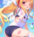  ;o american_flag ass bad_id bad_twitter_id bandaid_on_arm bandaid_on_leg bangs blonde_hair blue_buruma blue_sky blurry blurry_foreground blush brazilian_flag buruma clenched_hand cloud cloudy_sky commentary_request day depth_of_field eyebrows_visible_through_hair flags_of_all_nations gym_shirt gym_uniform hair_between_eyes hand_up long_hair looking_at_viewer name_tag one_eye_closed open_mouth original outdoors petals piyodera_mucha ponytail puffy_short_sleeves puffy_sleeves red_eyes shirt short_sleeves sidelocks sky solo string_of_flags swiss_flag tears thighhighs very_long_hair white_legwear white_shirt 