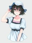  black_bow black_ribbon blue_bow blue_dress blue_hat bow brown_hair chimachi cola cropped_torso dress green_eyes grin hand_in_hair hat hat_bow looking_at_viewer rei_no_himo ribbon shiina_mayuri short_hair short_sleeves simple_background smile solo steins;gate sun_hat sundress upper_body white_background 