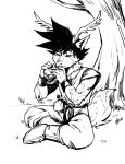  absurd_res ailaanne antlers burger canine cervine clothed clothing dragon_ball dragon_ball_z eating elk food fully_clothed goku hector_vector hi_res horn hybrid line_art mammal monochrome muscular smile solo tree wolf wristband 