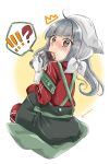  !? ? brown_eyes commentary_request food gloves grey_hair head_scarf highres kantai_collection kasumi_(kantai_collection) long_sleeves looking_at_viewer mincha pants puffy_cheeks side_ponytail simple_background sitting speech_bubble spoken_interrobang suspenders sweet_potato track_suit twitter_username v-shaped_eyebrows white_gloves wide-eyed yakiimo 