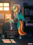  2018 anthro butt_pose clothed clothing day digital_media_(artwork) equine feathered_wings feathers female friendship_is_magic green_feathers inside lightning_dust_(mlp) mammal my_little_pony panties panty_shot pegasus rublegun smile solo standing step_pose underwear upskirt window wings 